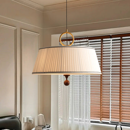 Traditional Vintage Fabric Ash Wood Metal Pleated Round 1-Light Chandelier For Bedroom & Living Room