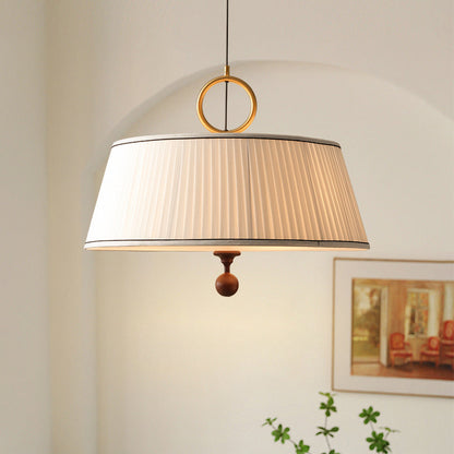 Traditional Vintage Fabric Ash Wood Metal Pleated Round 1-Light Chandelier For Bedroom & Living Room