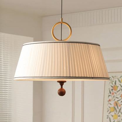 Traditional Vintage Fabric Ash Wood Metal Pleated Round 1-Light Chandelier For Bedroom & Living Room