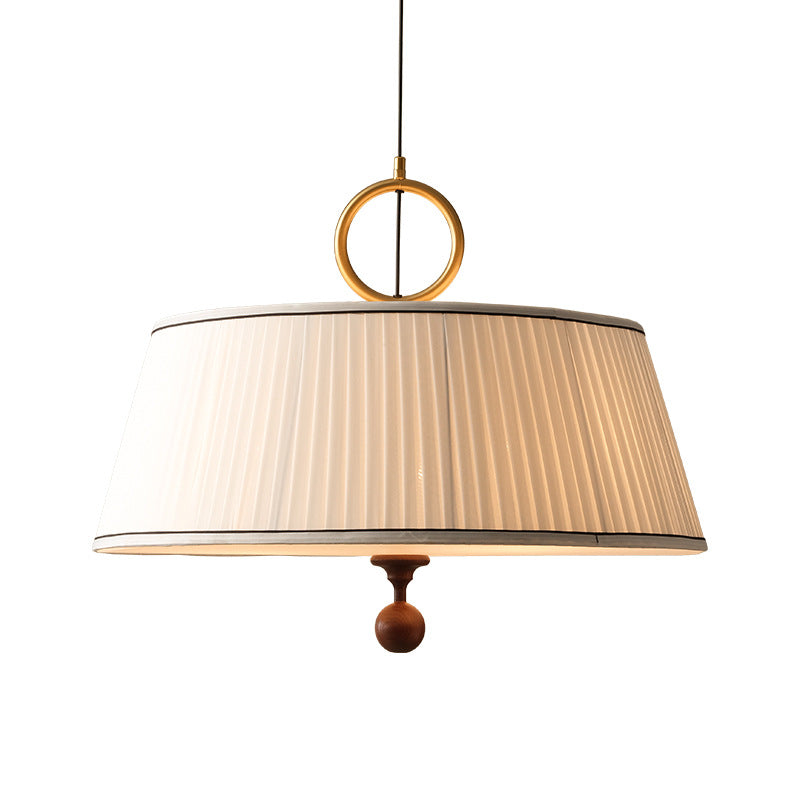 Traditional Vintage Fabric Ash Wood Metal Pleated Round 1-Light Chandelier For Bedroom & Living Room