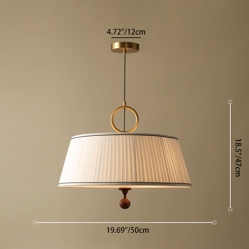 Traditional Vintage Fabric Ash Wood Metal Pleated Round 1-Light Chandelier For Bedroom & Living Room