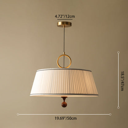 Traditional Vintage Fabric Ash Wood Metal Pleated Round 1-Light Chandelier For Bedroom & Living Room