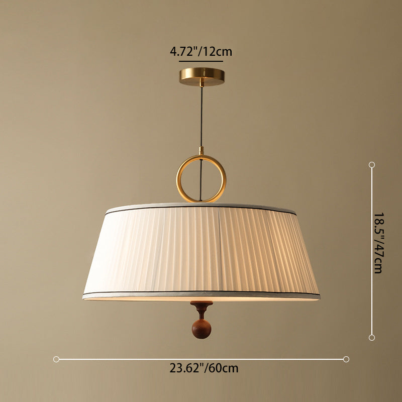 Traditional Vintage Fabric Ash Wood Metal Pleated Round 1-Light Chandelier For Bedroom & Living Room