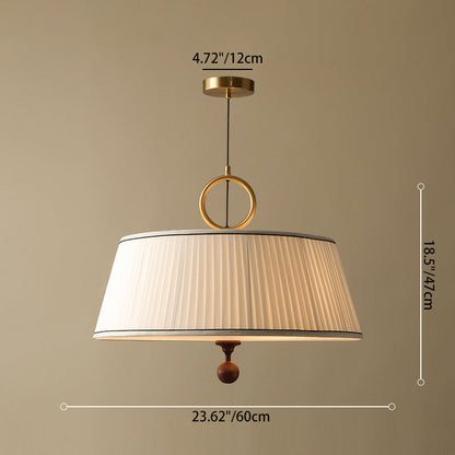 Traditional Vintage Fabric Ash Wood Metal Pleated Round 1-Light Chandelier For Bedroom & Living Room