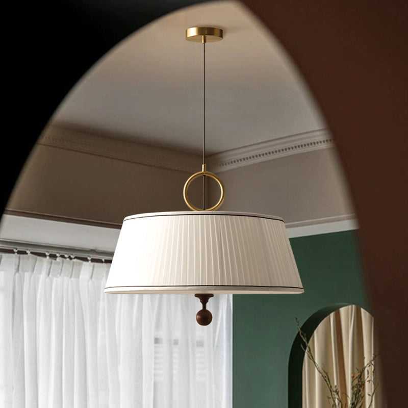 Traditional Vintage Fabric Ash Wood Metal Pleated Round 1-Light Chandelier For Bedroom & Living Room