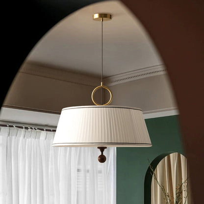 Traditional Vintage Fabric Ash Wood Metal Pleated Round 1-Light Chandelier For Bedroom & Living Room