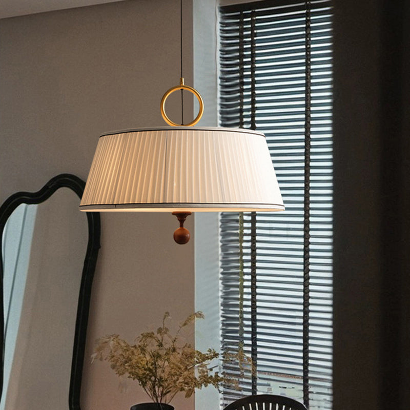 Traditional Vintage Fabric Ash Wood Metal Pleated Round 1-Light Chandelier For Bedroom & Living Room