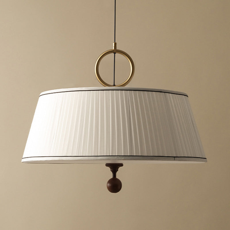 Traditional Vintage Fabric Ash Wood Metal Pleated Round 1-Light Chandelier For Bedroom & Living Room