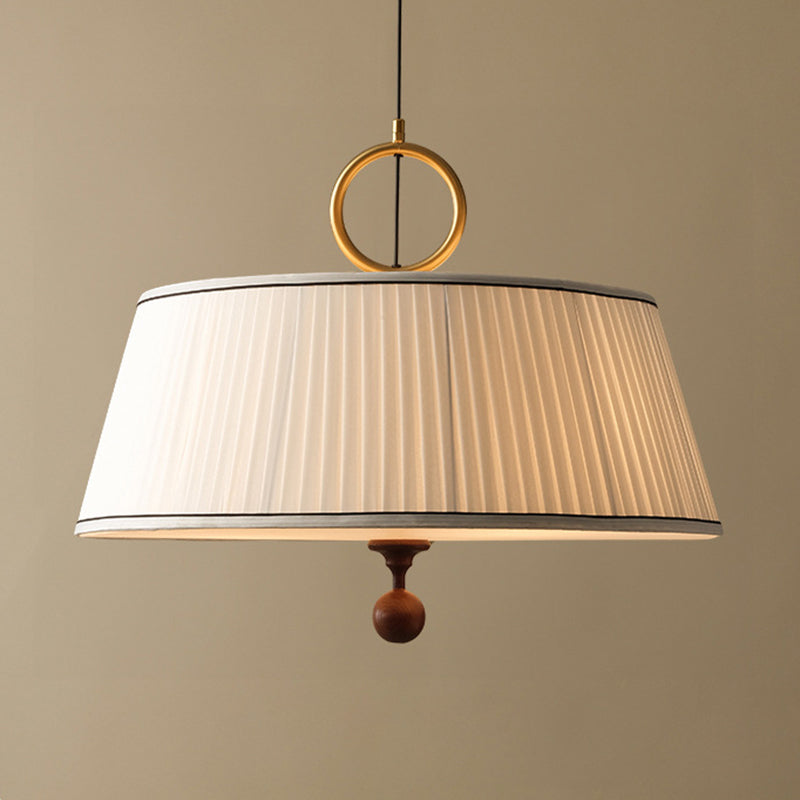 Traditional Vintage Fabric Ash Wood Metal Pleated Round 1-Light Chandelier For Bedroom & Living Room