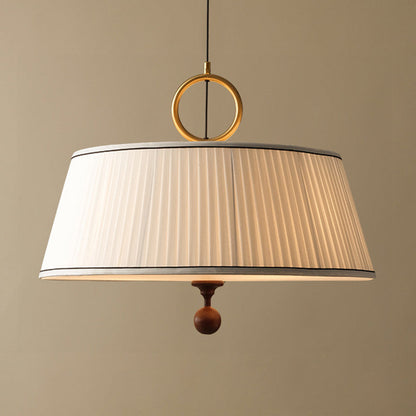 Traditional Vintage Fabric Ash Wood Metal Pleated Round 1-Light Chandelier For Bedroom & Living Room