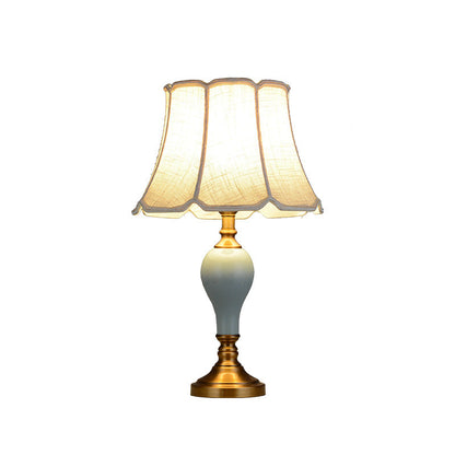 Traditional Chinese Brass Ceramic Fabric Round Fan-Shaped 1-Light Table Lamp For Bedroom