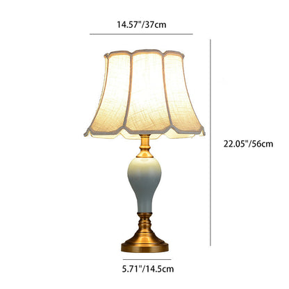 Traditional Chinese Brass Ceramic Fabric Round Fan-Shaped 1-Light Table Lamp For Bedroom