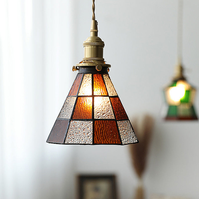 Traditional Vintage Brass Glass Hexagon Cone 1-Light Pendant Light For Living Room