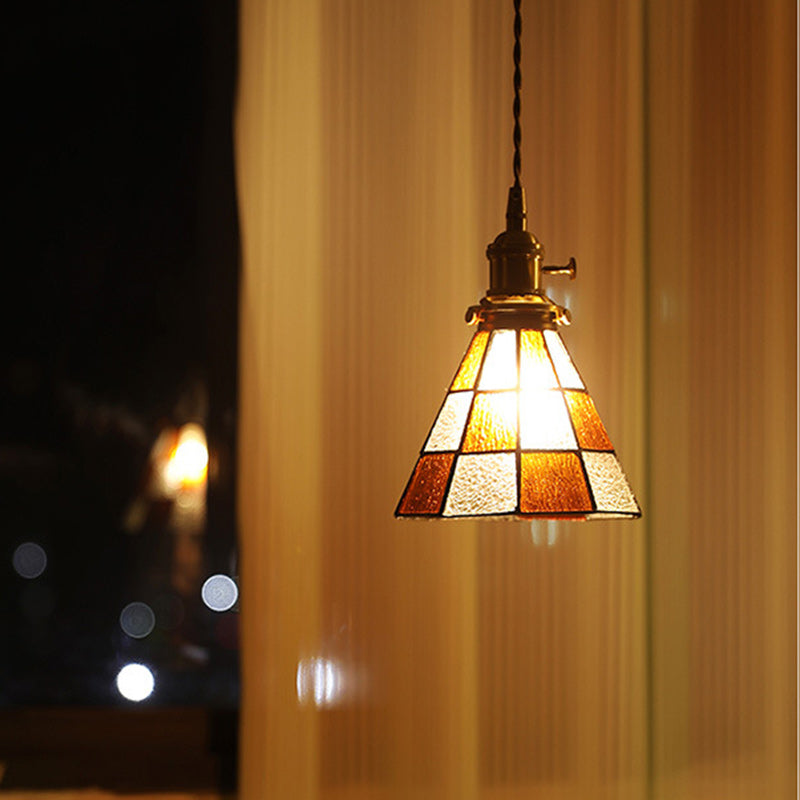 Traditional Vintage Brass Glass Hexagon Cone 1-Light Pendant Light For Living Room