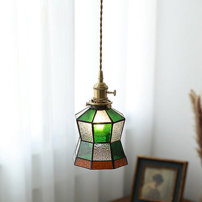Traditional Vintage Brass Glass Hexagon Cone 1-Light Pendant Light For Living Room