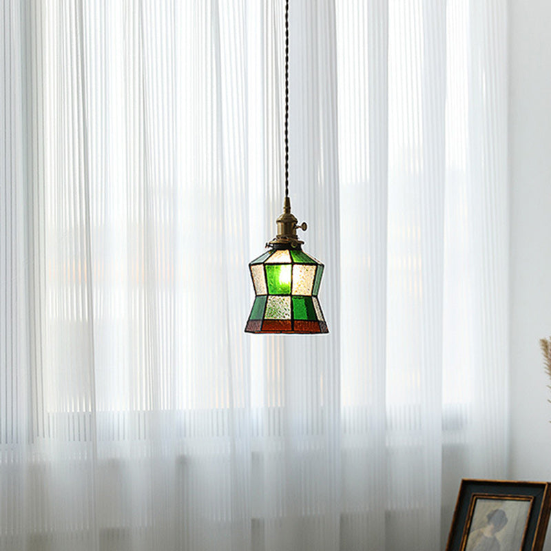 Traditional Vintage Brass Glass Hexagon Cone 1-Light Pendant Light For Living Room