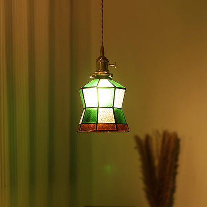 Traditional Vintage Brass Glass Hexagon Cone 1-Light Pendant Light For Living Room