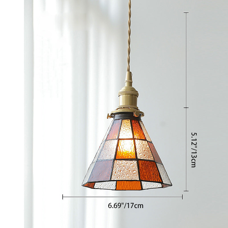 Traditional Vintage Brass Glass Hexagon Cone 1-Light Pendant Light For Living Room