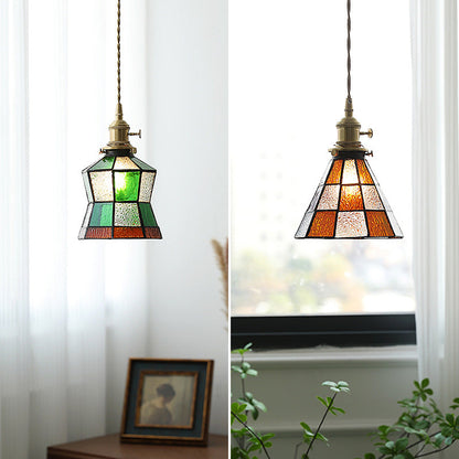 Traditional Vintage Brass Glass Hexagon Cone 1-Light Pendant Light For Living Room