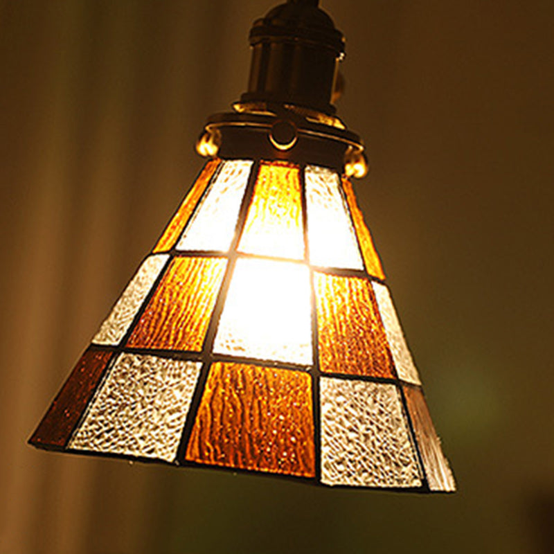 Traditional Vintage Brass Glass Hexagon Cone 1-Light Pendant Light For Living Room