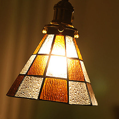 Traditional Vintage Brass Glass Hexagon Cone 1-Light Pendant Light For Living Room