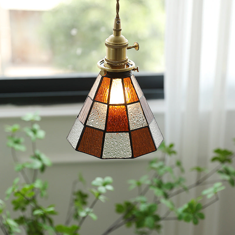 Traditional Vintage Brass Glass Hexagon Cone 1-Light Pendant Light For Living Room