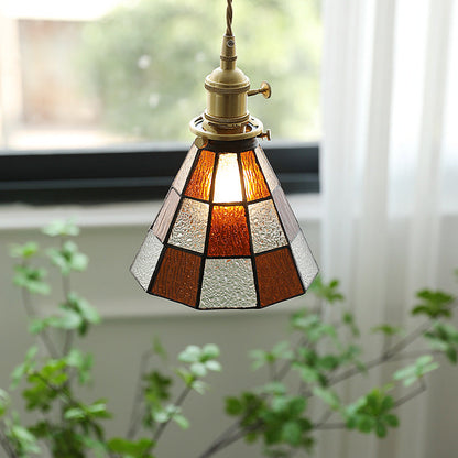 Traditional Vintage Brass Glass Hexagon Cone 1-Light Pendant Light For Living Room