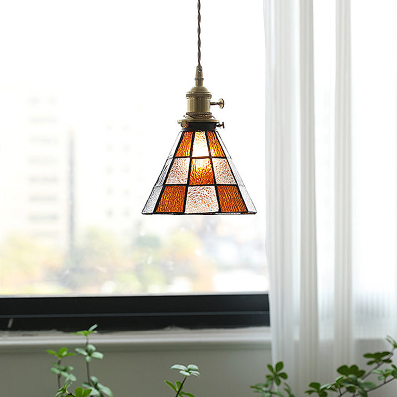 Traditional Vintage Brass Glass Hexagon Cone 1-Light Pendant Light For Living Room