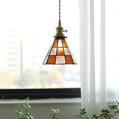 Traditional Vintage Brass Glass Hexagon Cone 1-Light Pendant Light For Living Room