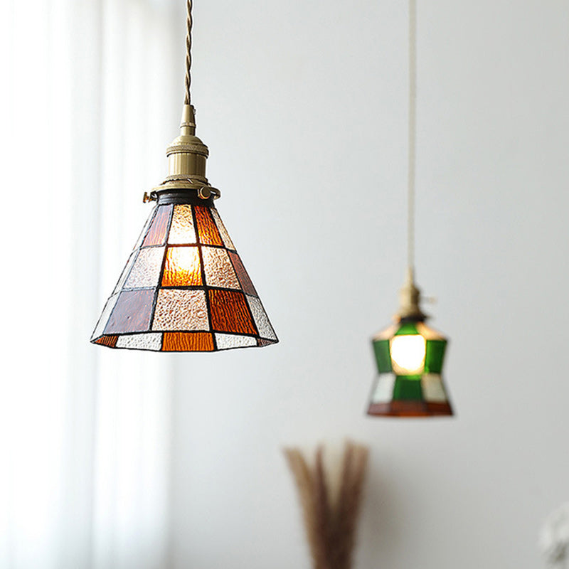 Traditional Vintage Brass Glass Hexagon Cone 1-Light Pendant Light For Living Room