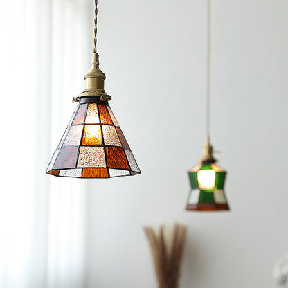 Traditional Vintage Brass Glass Hexagon Cone 1-Light Pendant Light For Living Room