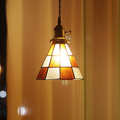 Traditional Vintage Brass Glass Hexagon Cone 1-Light Pendant Light For Living Room