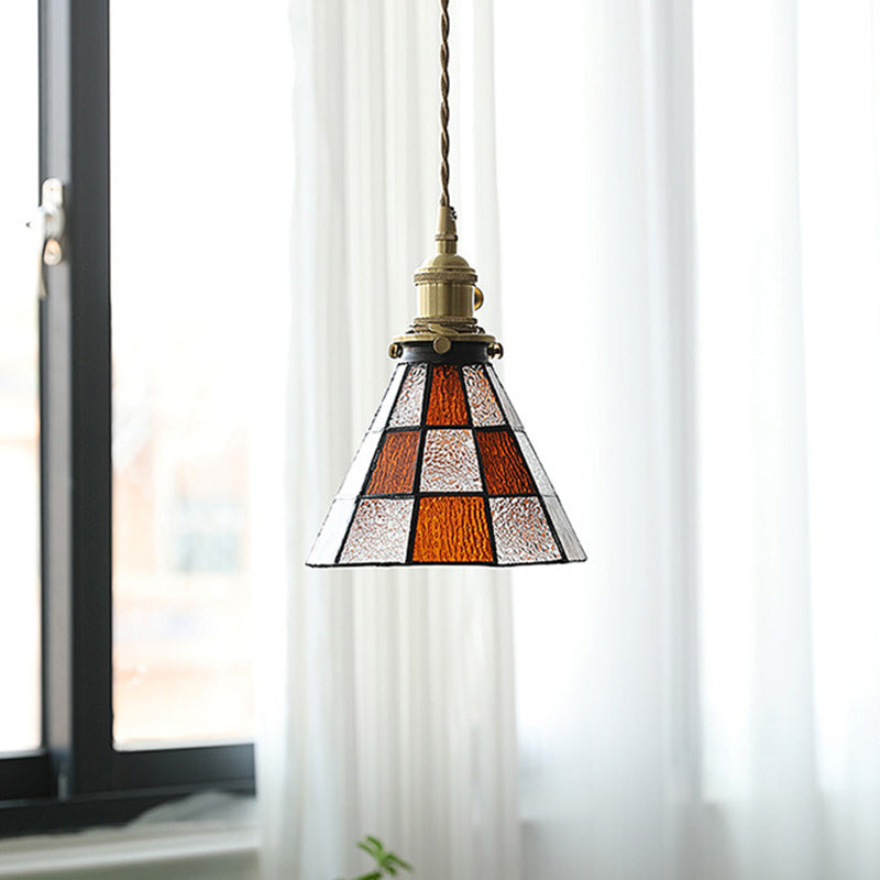 Traditional Vintage Brass Glass Hexagon Cone 1-Light Pendant Light For Living Room