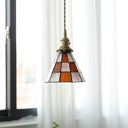 Traditional Vintage Brass Glass Hexagon Cone 1-Light Pendant Light For Living Room