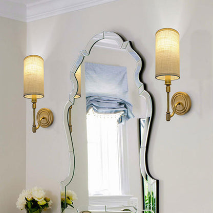 Modern Minimalist Linen Brass Round Cylindrical 1-Light Wall Sconce Lamp For Bedroom