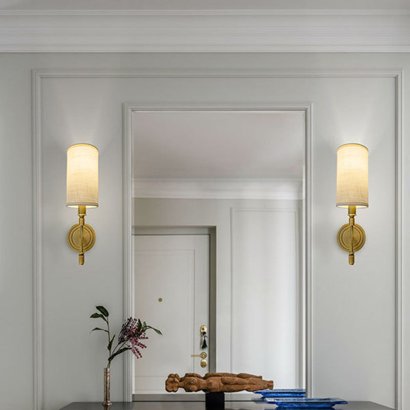 Modern Minimalist Linen Brass Round Cylindrical 1-Light Wall Sconce Lamp For Bedroom