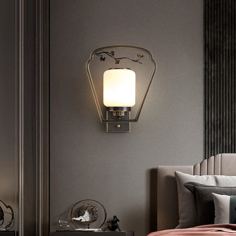 Traditional Chinese Brass Glass Fan-Shaped Elliptical 1-Light Wall Sconce Lamp For Living Room
