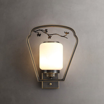 Traditional Chinese Brass Glass Fan-Shaped Elliptical 1-Light Wall Sconce Lamp For Living Room