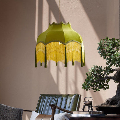 Traditional Vintage Brass Fabric Tassel Round 1/3-Light Chandelier For Living Room