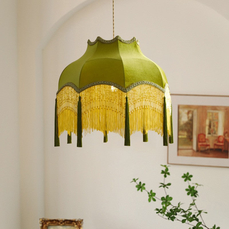 Traditional Vintage Brass Fabric Tassel Round 1/3-Light Chandelier For Living Room