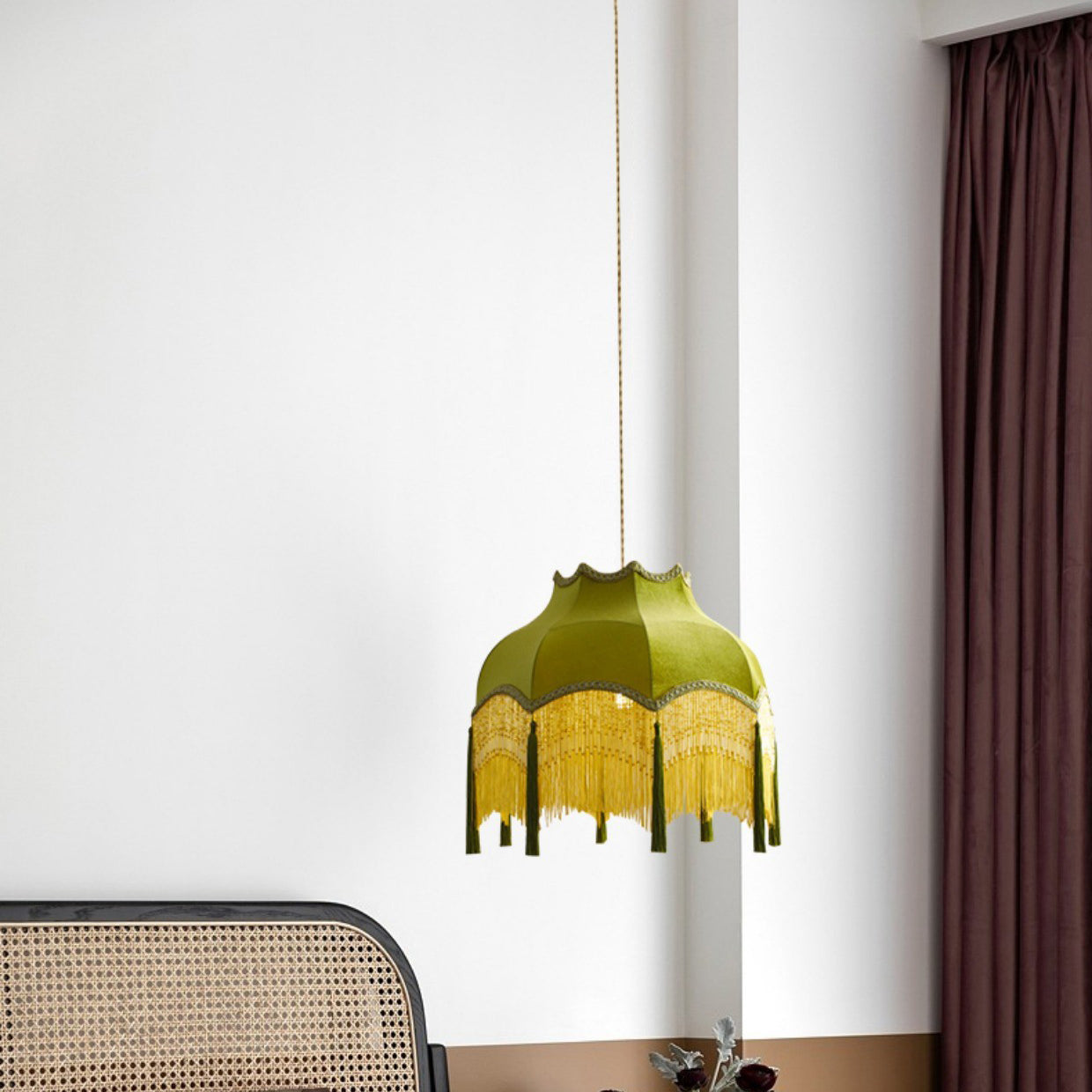 Traditional Vintage Brass Fabric Tassel Round 1/3-Light Chandelier For Living Room