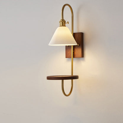 Traditional Chinese Ceramic Glass Walnut Wood Iron Rectangular Conical Curved 1-Light Wall Sconce Lamp For Living Room