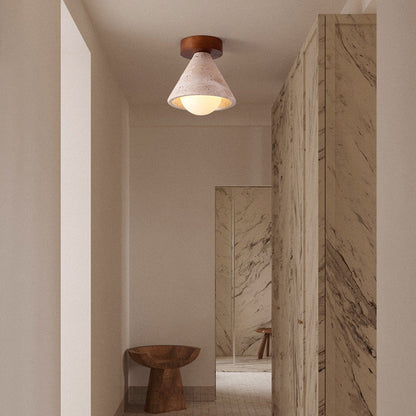 Traditional Mid-Century Walnut Yellow Travertine Cone 1-Light Semi-Flush Mount Lighting For Living Room