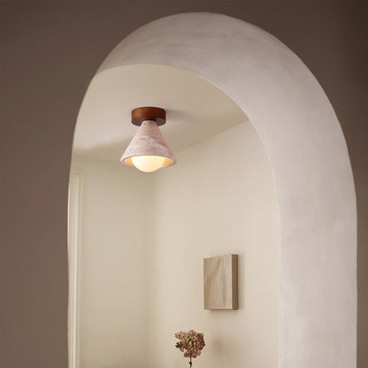Traditional Mid-Century Walnut Yellow Travertine Cone 1-Light Semi-Flush Mount Lighting For Living Room