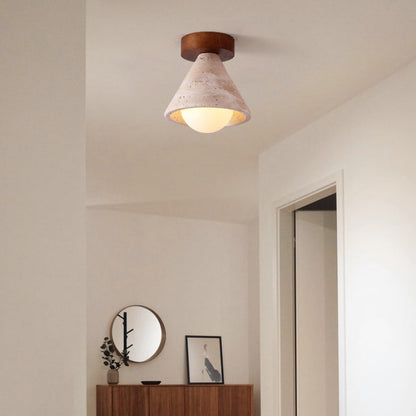 Traditional Mid-Century Walnut Yellow Travertine Cone 1-Light Semi-Flush Mount Lighting For Living Room