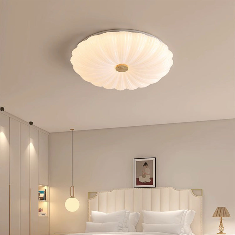 Modern Minimalist Rubberwood Iron Acrylic Textured Round LED Flush Mount Ceiling Light For Bedroom