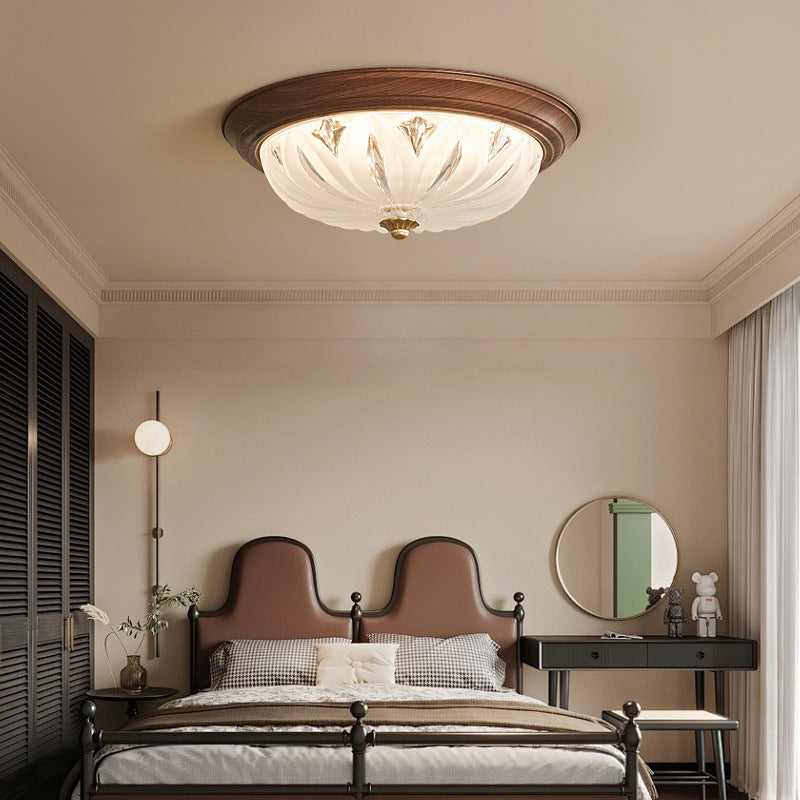 Traditional Chinese Glass Iron Textured Semi-Dome LED Flush Mount Ceiling Light For Bedroom
