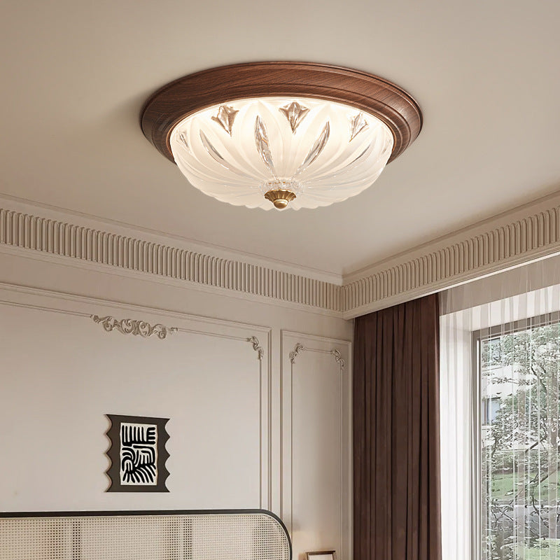 Traditional Chinese Glass Iron Textured Semi-Dome LED Flush Mount Ceiling Light For Bedroom