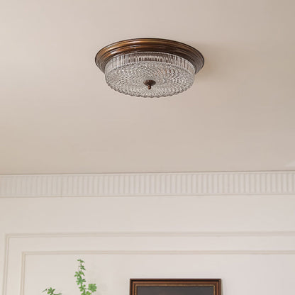 Traditional French Glass Iron Textured Round LED Flush Mount Ceiling Light For Bedroom
