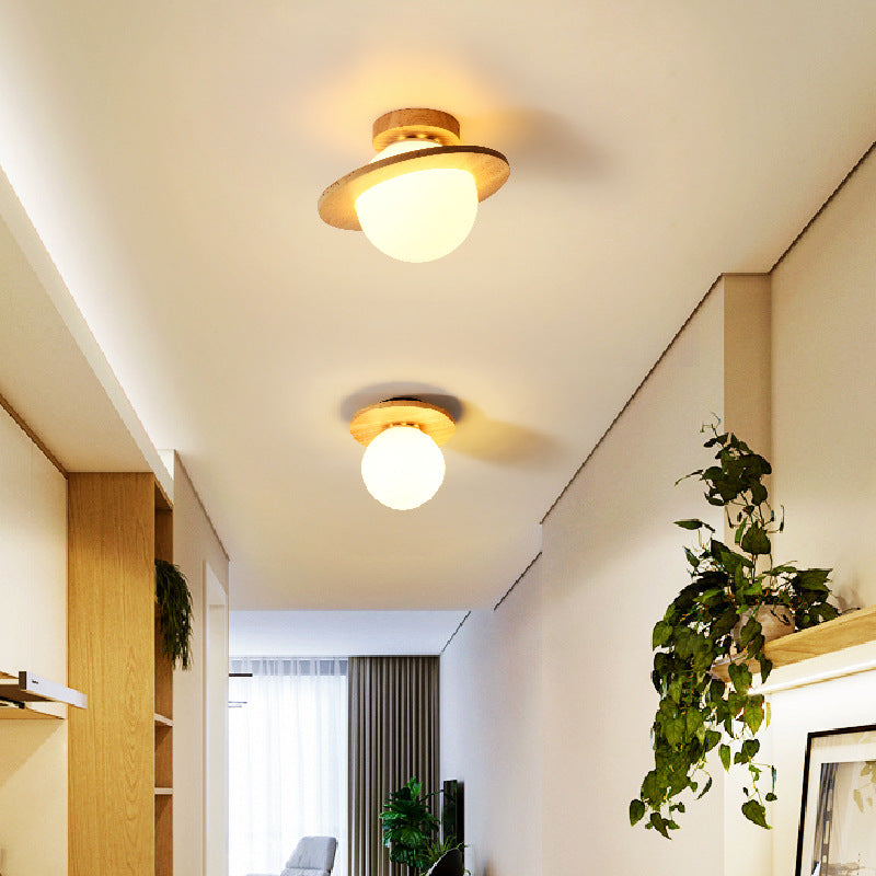 Traditional Japanese Glass Wood Planet Round 1-Light Semi-Flush Mount Lighting For Living Room
